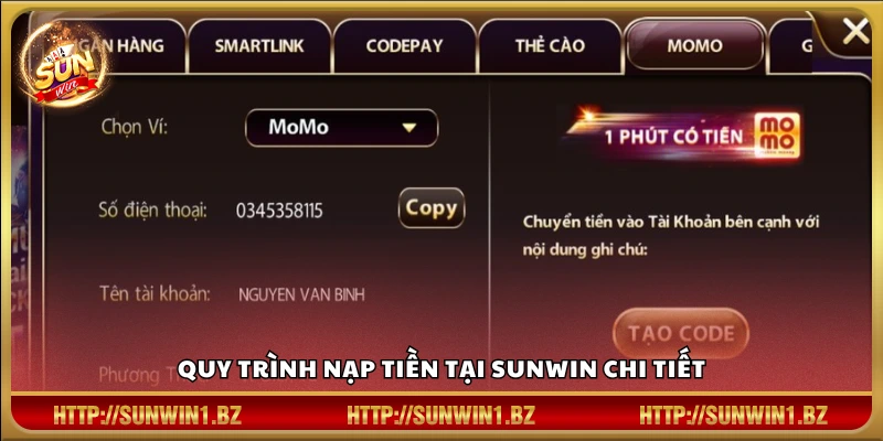 Các bước nạp tiền vào tài khoản Sunwin